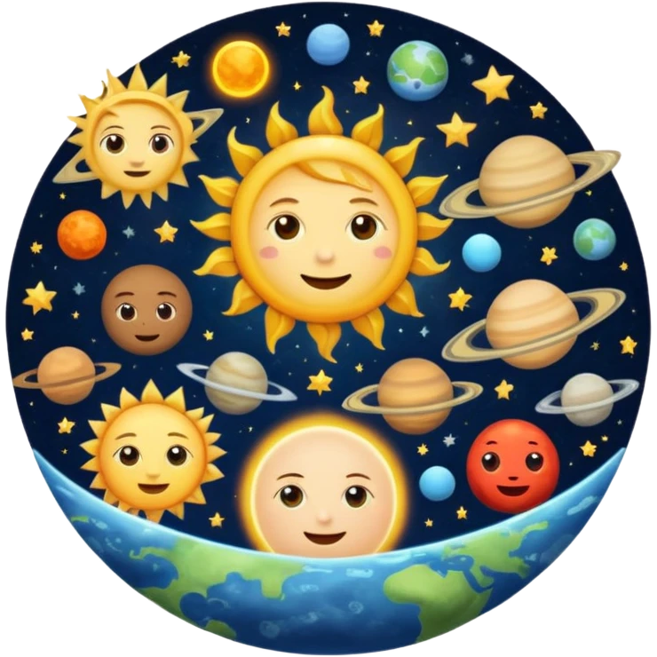 landscape image of the sun as a king, surrounded by the moon, Mercury, Venus, Earth, Mars, Jupiter, Saturn, Uranus, and Neptune, all floating in space, each planet with a cute expressive face, in emoji style emoji