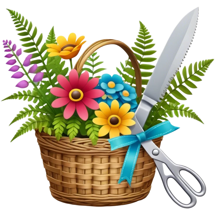 Icon for Floristry: a woven basket with flowers, reeds, ferns, bright ribbons and a small plush toy. Add big garden scissors and knife above. The icon should represent creativity in flower arrangement and decorative design. Transparent background. emoji