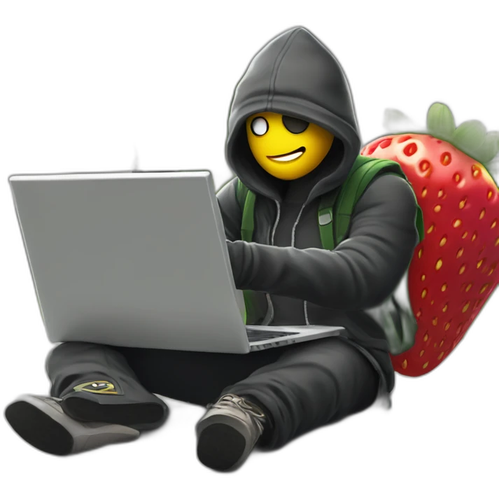 a guy with a strawberry head wearing a thief's outfit, he's in front of a laptop with a mask over his eyes and a thief's cap, on his back he has a yellow thug bag with a dollard sign on it. emoji