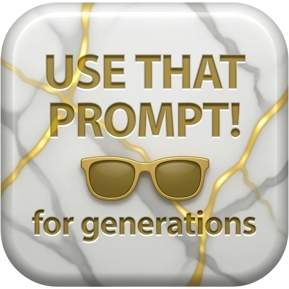 A luxurious uppercase text 'USE THAT PROMPT!' small size text and sunglasses emoji icon 'for generations' crafted from polished white Carrara marble with deep veins of more glowing liquid gold flowing through it. High-end jewelry aesthetic, soft studio lighting, elegant and Luxurious Marble Letter. emoji