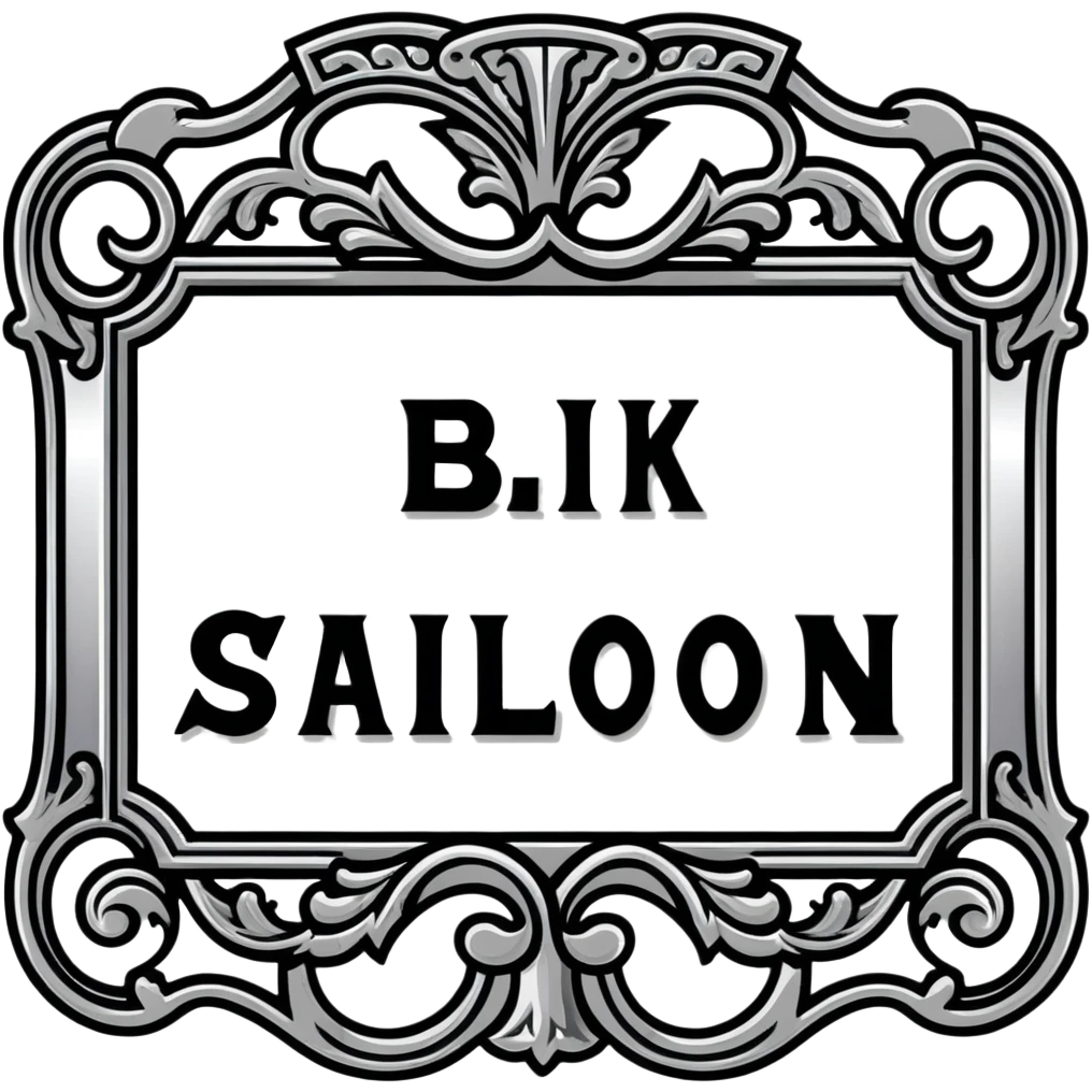connected BLK letters in western saloon font style with silver outline, transparent background, old west typography, black text with ornate silver frame emoji