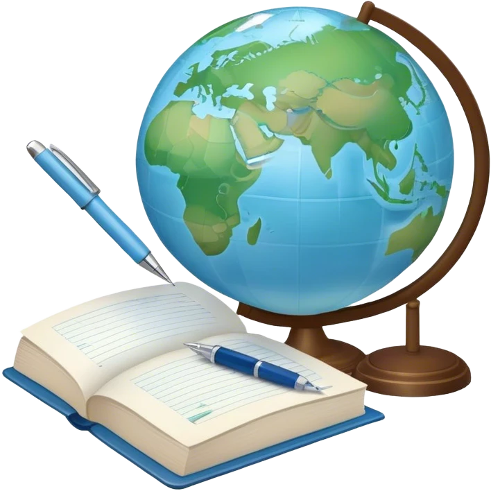 Create an emoji representing language translation. The design should feature just one globe in the background, symbolizing international communication. In front of the globe, place two books or sheets of paper with texs on them and a pen nearby to indicate the act of writing. Use a clean and professional color palette with blues, greens, and neutral tones. Make the background transparent. emoji