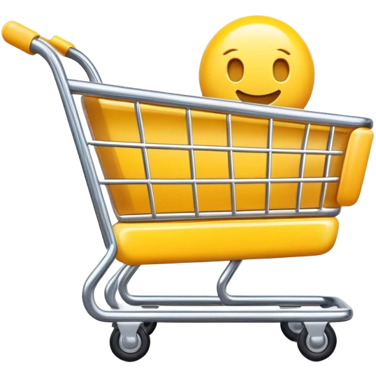 3D glossy yellow shopping cart icon, cute and minimalistic style, e-commerce emoji design, smooth plastic texture, isolated on transparent background, high resolution, soft lighting, no text emoji