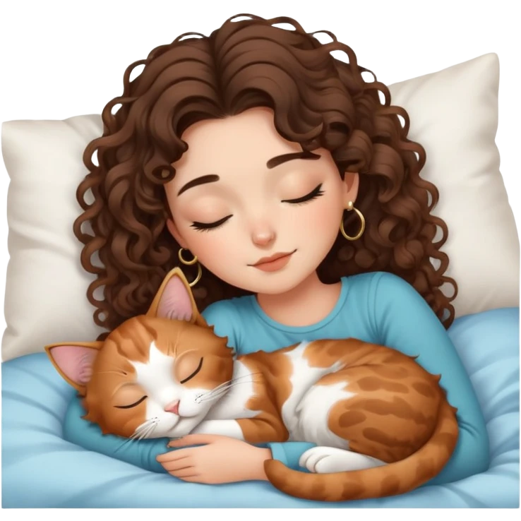 cute balayage brunette curly/wavy haired girl, hoop earrings clean girl makeup sleeping beauty laying next to her sleeping calico cat  emoji