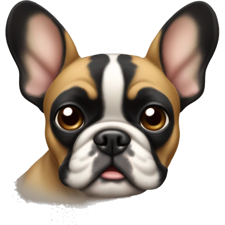 A small, black-and-tan French bulldog with a mostly black face and tan paws, tilting its head slightly with wide, puzzled eyes and a slightly furrowed brow, perhaps with a small question mark near its head emoji
