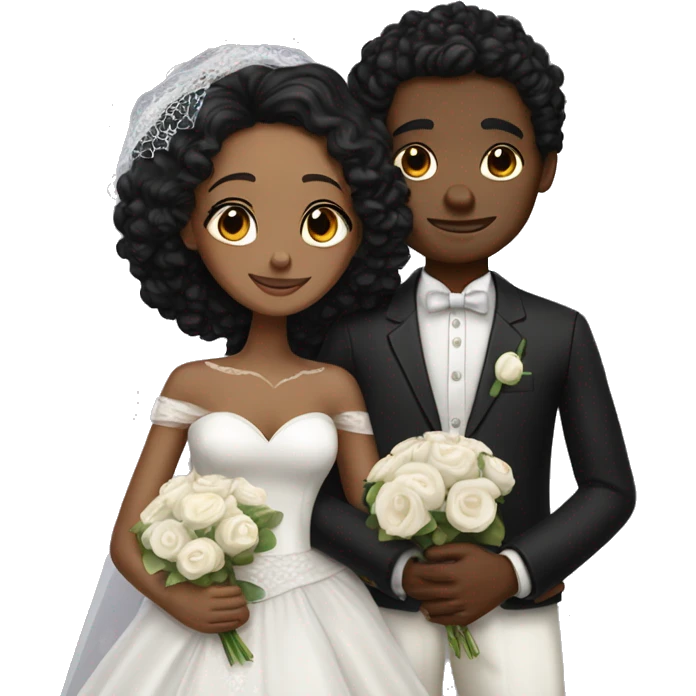 African Bride and Groom. Medium Brown skin. Black long curly hair. Short black haircut. Hugging each other. Eyes closed. emoji