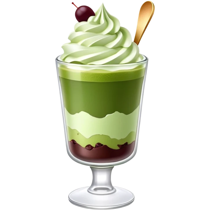 Japanese matcha parfait in a glass, with layers of green tea ice cream, and whipped cream emoji