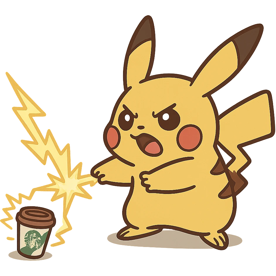 playful style Pikachu zapping a Starbucks cup to shrink it emoji
