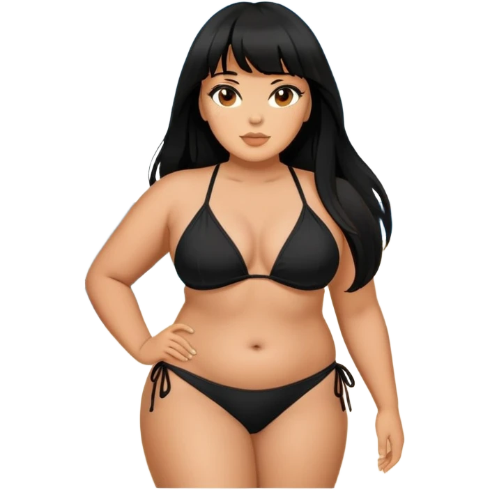 Plus size Latina female with bangs black long hair in the beach with black bikini emoji