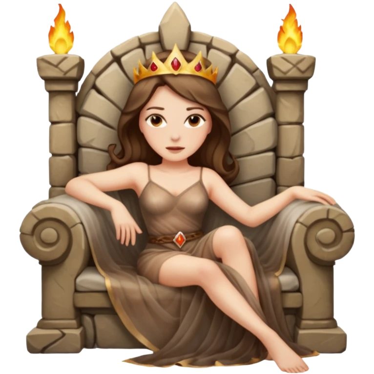Woman reclining on a stone throne, sheer fabric, torchlight, dangerous emoji