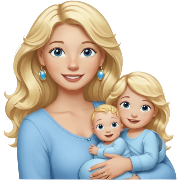 Wavy blonde, white woman with blue eyes, freckles hoop earrings, holding babies smiling and really cute in gold hoops she needs to be holding three newborns, and she needs to be more cute than pretty emoji