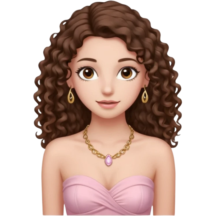 crée moi une jeune fille très belle avec les cheveux bouclés long brune avec un top  sans manche ni brettelles juste un 'bandeau' de couleur rose clair avec un peu de maquillage et des beauxcils un collier en or emoji