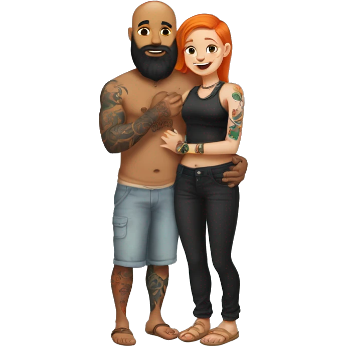 Indian Beard guy with bald head and tattoos on left hand hugging a ginger hair Croatian girl with septum ring and tattoos on right hand full body length  emoji