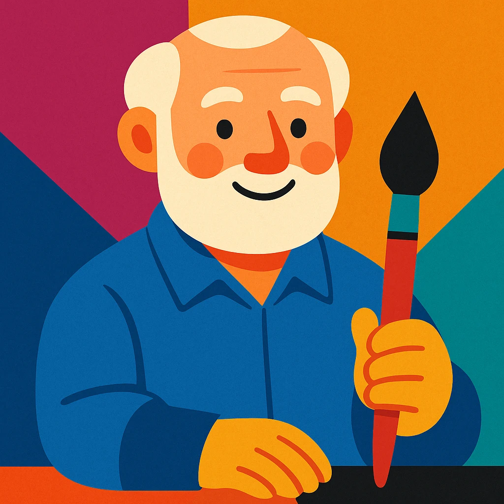 man with a round face, white hair and beard, blue collared shirt, holding a paint brush, vibrant colorful style emoji