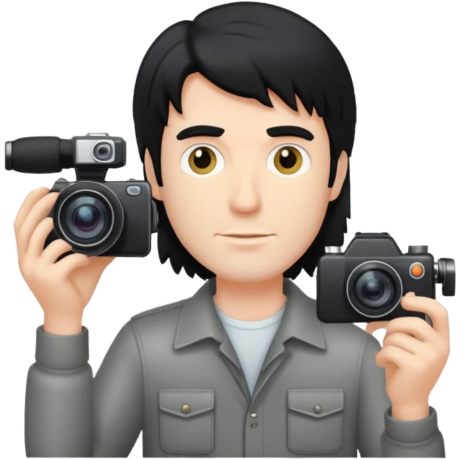 a white man with black mullet hair holding a foto camera emoji