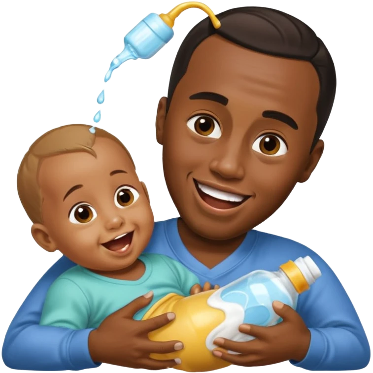 Sean “Diddy” Combs with baby oil and a very small infant and he’s pouring the baby oil on the infant that is laughing with a very exaggerated expression emoji