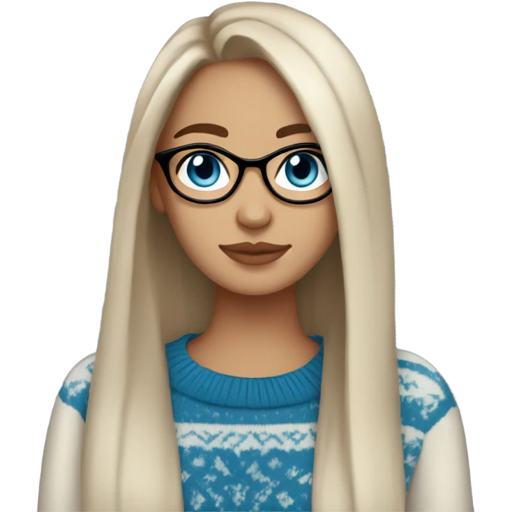 light skin, dark brown hair, blue eyes, long straight hair, girl wearing aesthetic sweater, glasses emoji