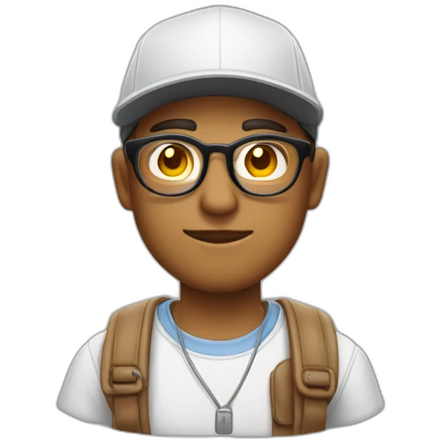 Joven con lentes redondo, piel clara, sin barba, gafas redondas, camisa blanca y gorra blanca.  emoji