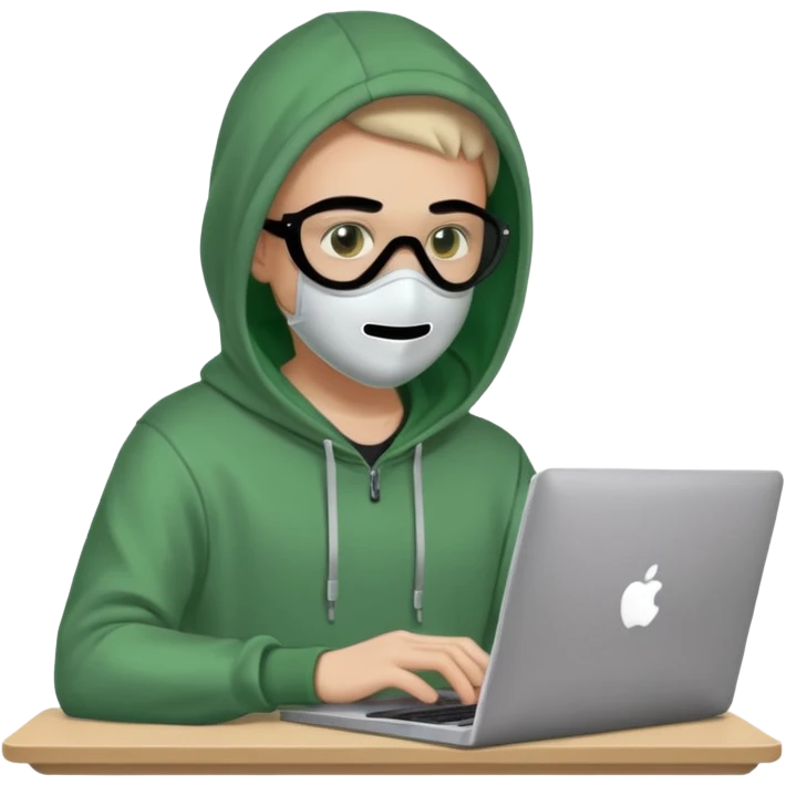 Хакер сидит в зелёной одежде в маске, печатает в ноутбуке, прозрачный фон. emoji