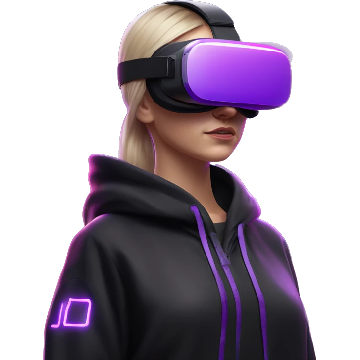 Russian girl wearing black hoody with violet letters "OMG", in vr headset oculus quest2. Standing like jedi. Cyberpunk style. Violet neon. emoji