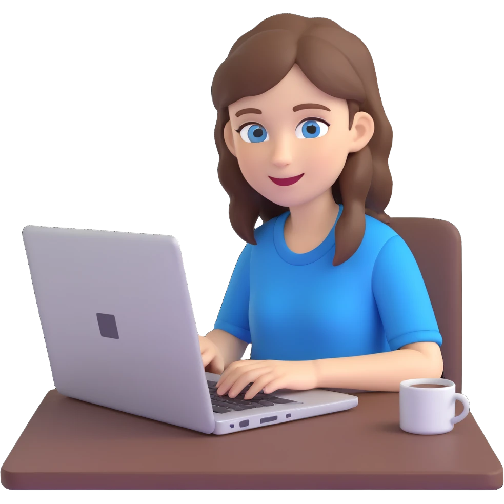 white girl, brown hair, blue eyes, typing on a laptop, relaxed and happy emoji