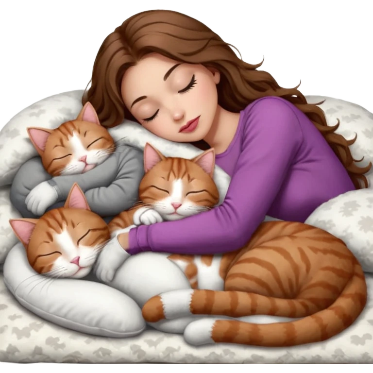 girl with long wavy brown hair, brown eyes, long lashes makeup, sexy pink lips, light to medium complexion,  sleeping on a cozy pillow, with 6 cats: 1 brown and white tabby cat, 1 ginger and white, 2 grey and white, 1 grey with white mittens and small white patch on chest and 1 calico, sleeping emoji