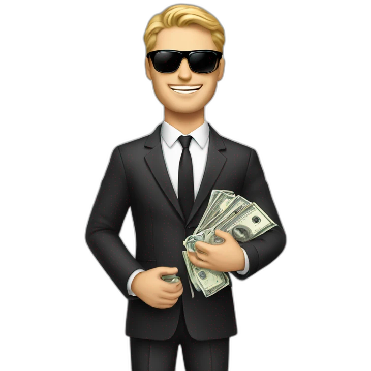 white handsome man with lot of dollars in hands wearing elegance suit and black shades emoji