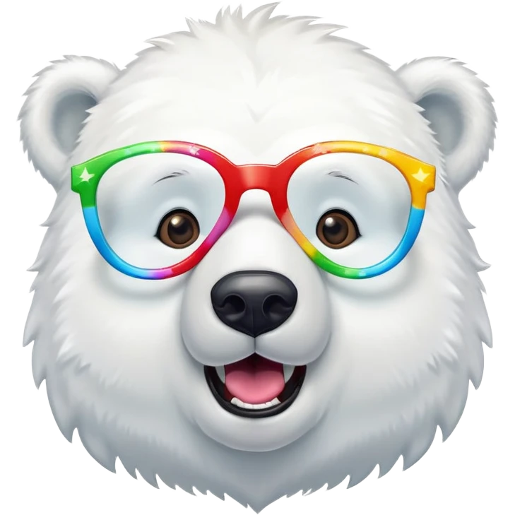 close up headshot of a friendly anthropomorphised polar bear with excited expression wearing large multicolored star-shaped glasses emoji