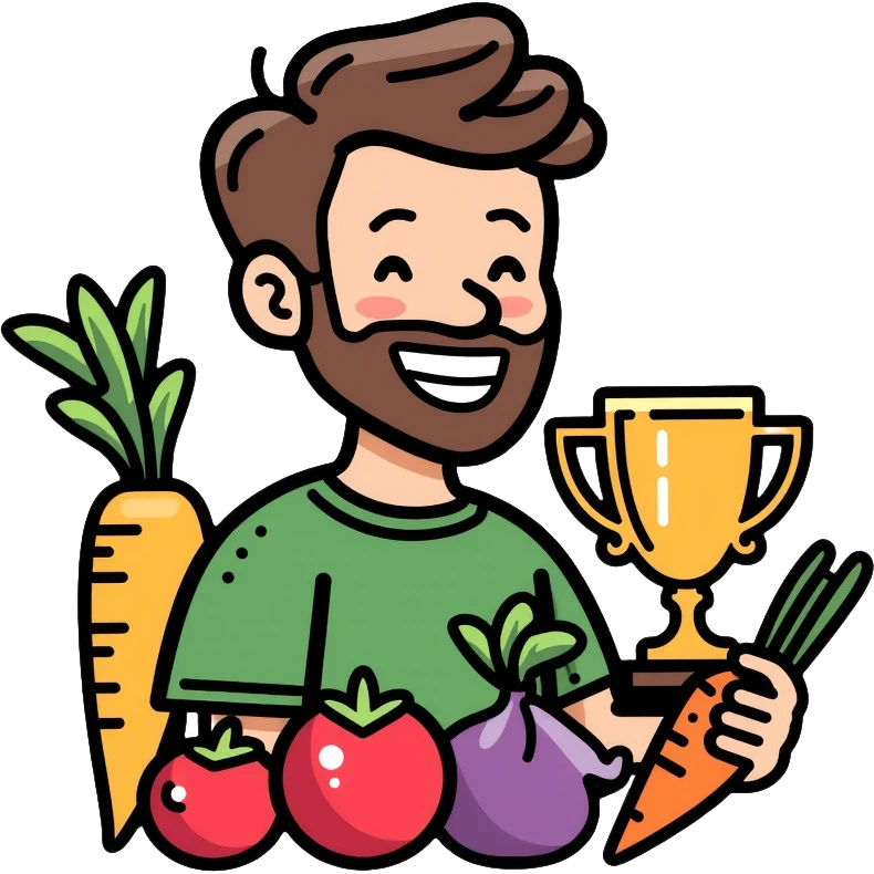 Happy gardener with trophy and prize vegetables emoji