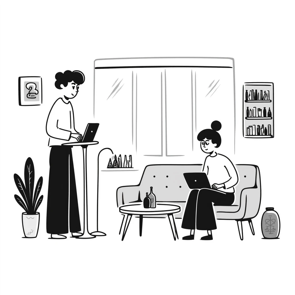 escenary 3d of a cozy mid-century living room with two people working on laptops, one man standing at a desk and one woman sitting on a couch, two walls and floor visible emoji