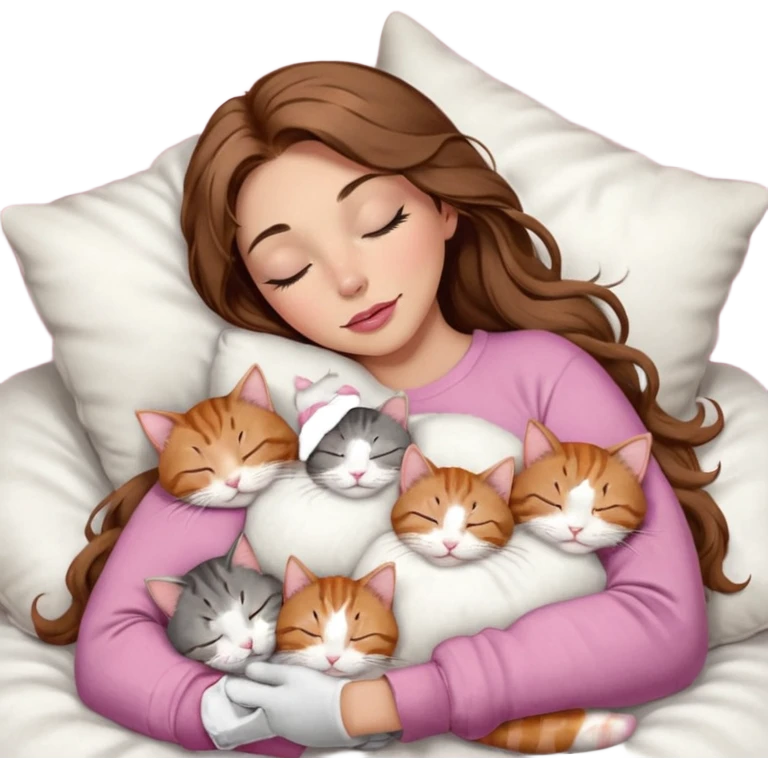 girl with long wavy brown hair, brown eyes, long lashes makeup, sexy pink lips, light to medium complexion,  sleeping on a cozy pillow, with 6 cats: 1 brown and white tabby cat, 1 ginger and white, 2 grey and white, 1 grey with white mittens and small white patch on chest and 1 calico, sleeping emoji