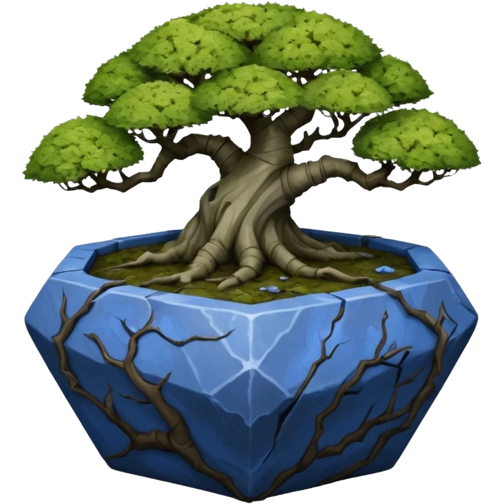 Alien very old broken cracked intricate Stone Age rocky-crusted dodecahedron-shaped shallow dark moss rough bark blue willow flowered maple tree bonsai pot emoji