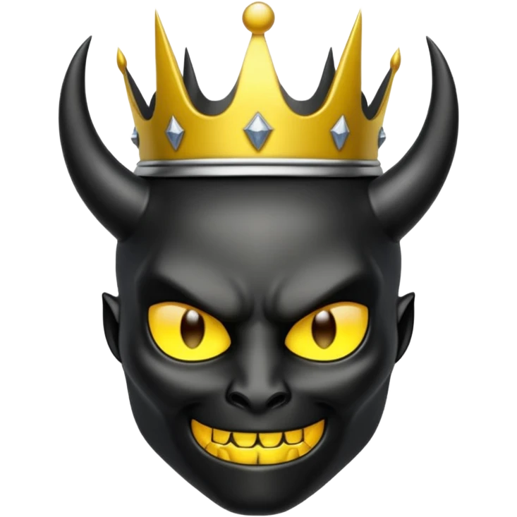 White background, metallic black devil in the middle with drawn yellow halo/crown above its head emoji