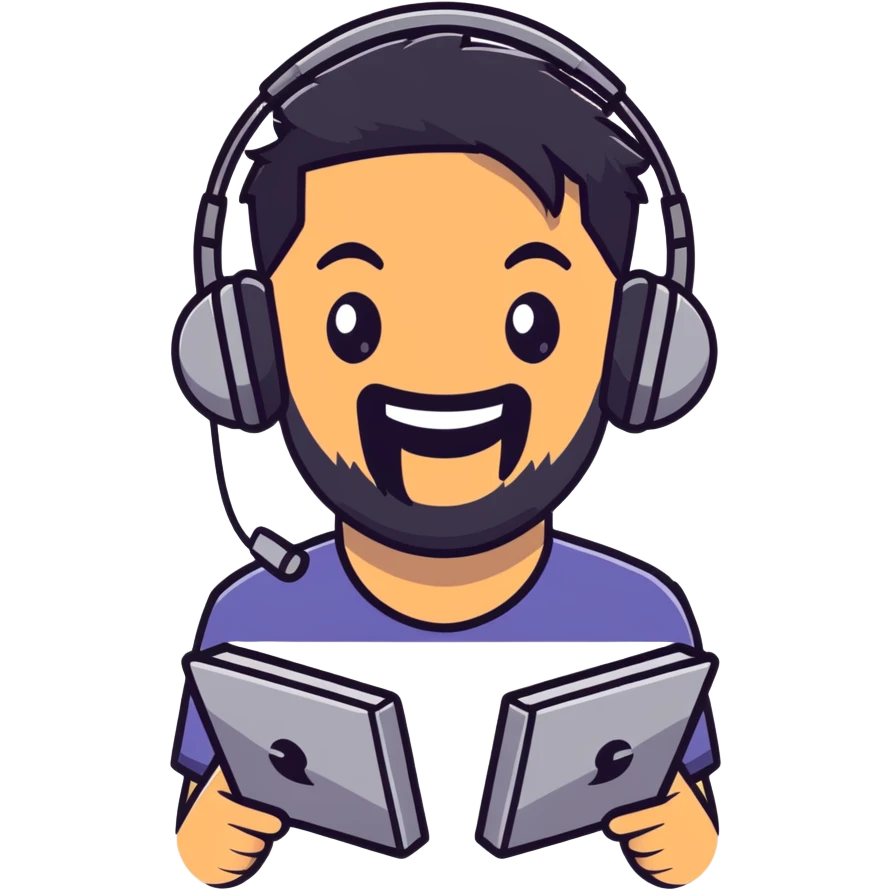 anime style laughing man with black hair, brown eyes, black beard wearing gaming headset emoji