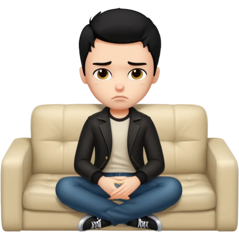 a pretty bratz boy with black hair and fat on a sofa looking sad emoji