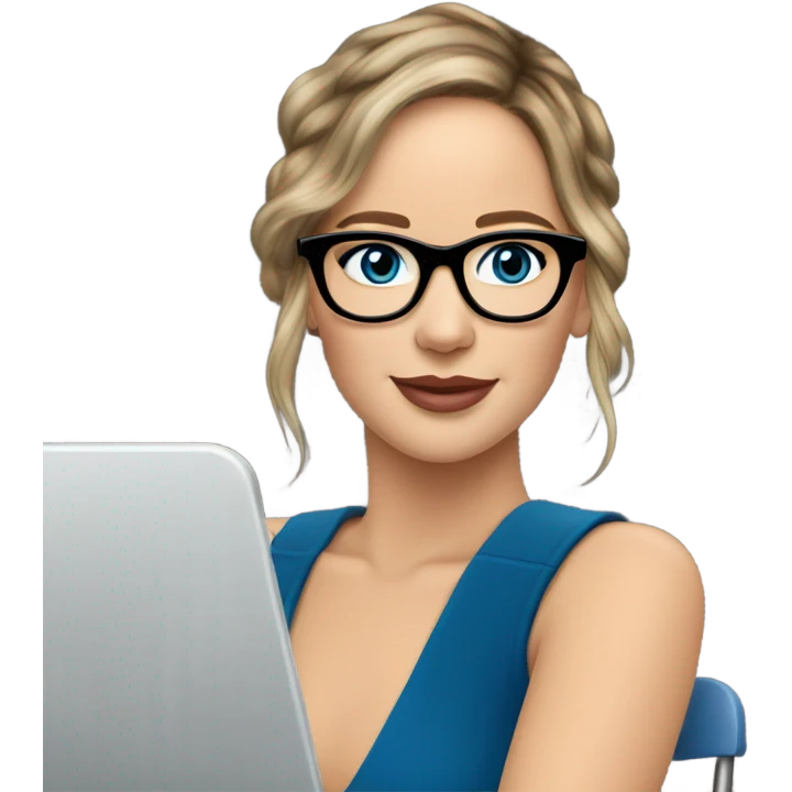 Realistic Photo of Brunette Jennifer Lawrence wearing black glasses and blue eyes talking on their laptop  emoji