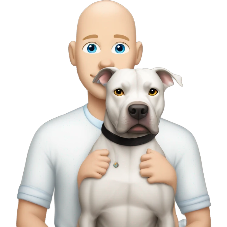 white bald man with blue eyes hugging large dark grey pit bull emoji