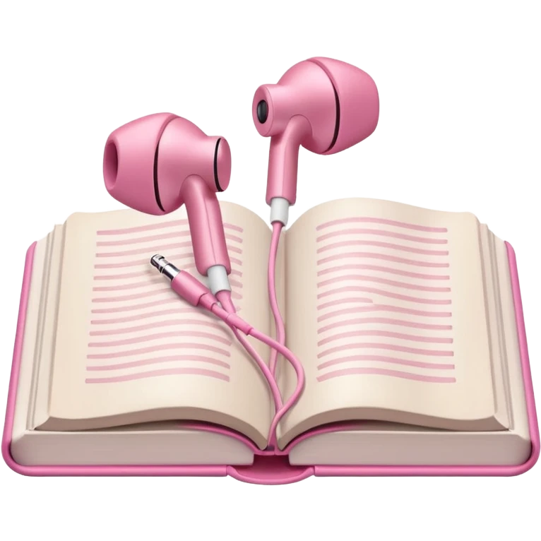  pink Pink Apple-style earbuds lying on an open book, soft pastel tones, cozy and minimal aesthetic, realistic lighting and shadows, top-down view, transparent background" emoji