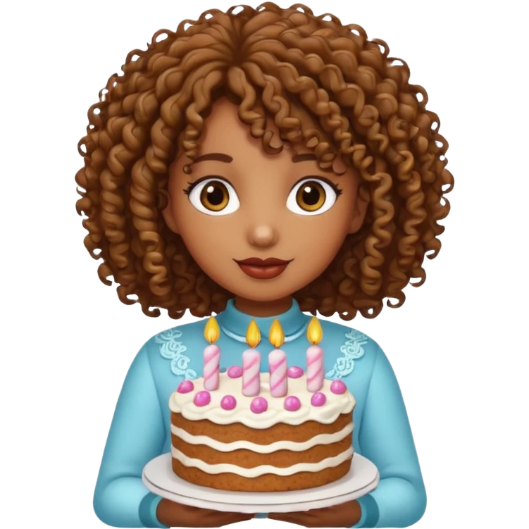 Brown Curly haired girl with a cake emoji