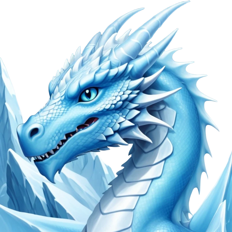 Cinematic Noble elegant Ice Dragon Portrait Emoji, Poised and imposing, distinct long elegant snout, with a slender, scaled body shimmering in glacial hues of icy blue, frostbitten silver, and crystalline white, breathing out frost, with piercing, glowing ice blue white eyes that radiate the chilling depths of an arctic storm; rendered in detail. excuding wisdom emoji