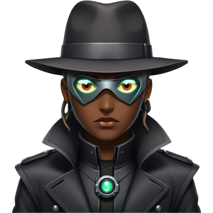 A dystopian bounty hunter, black trench coat, cybernetic eye glowing emoji