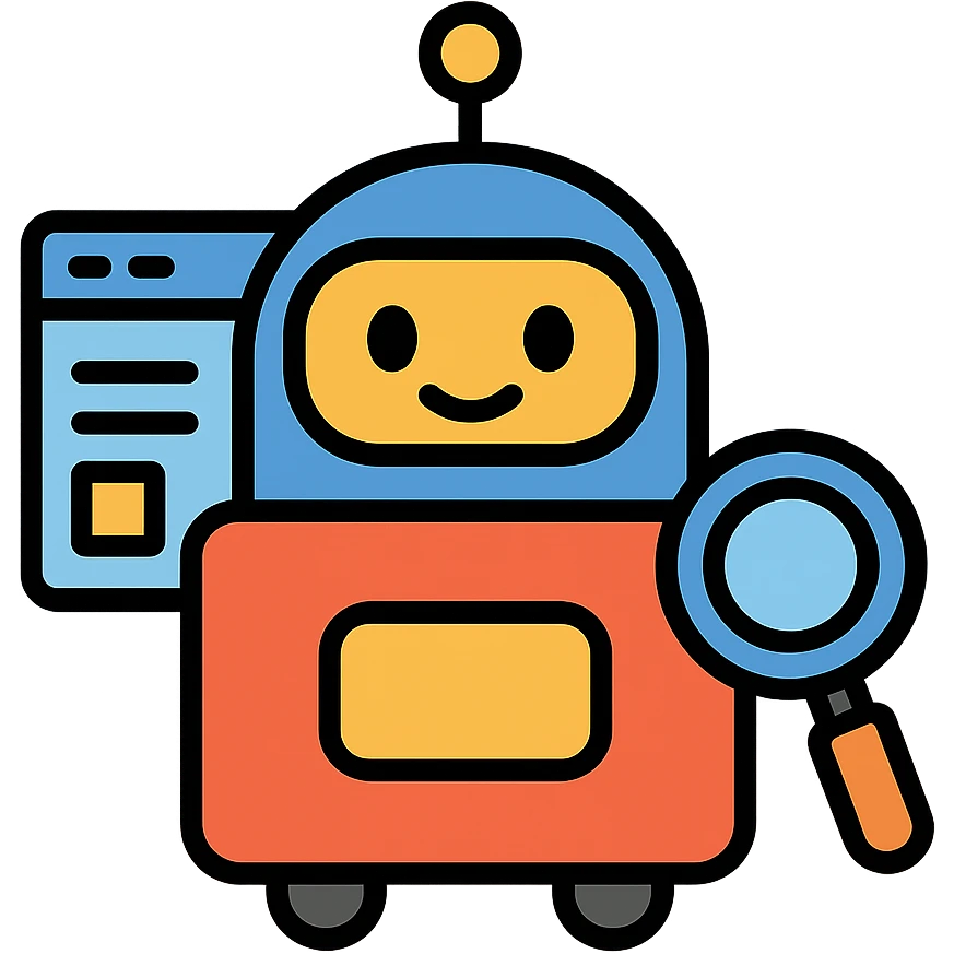 simple modern icon of SEO robot crawler with friendly robot face, magnifying glass, web elements, minimal color, clean lines emoji