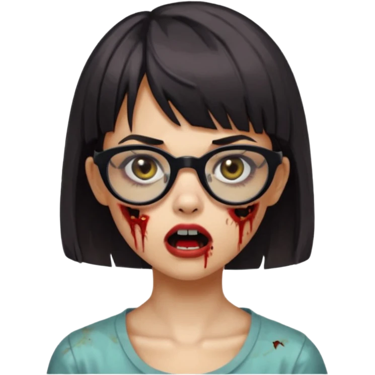 faça uma menina zumbi,com o cabelo curto,até o pescoço,franja,óculos pretos médios,olhos escuros,boca meio aberta e alguns machucados pelo rosto emoji