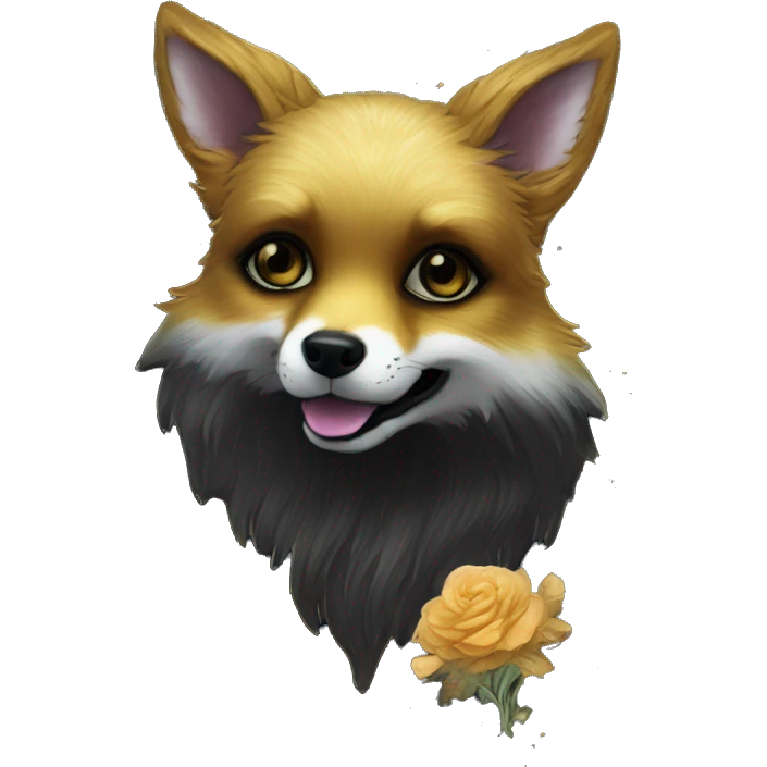 Black iridescent fluffy dog fox head zombie skeleton gold mechanical nebula galaxy stars flowers fairy lights vintage emoji