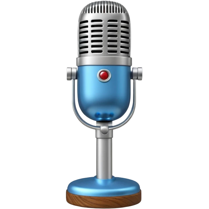3D render of Elvis Microphone, vintage 1980s audio equipment aesthetic, tactile analog buttons, shiny silver metal grille with a blue handle, mixed wood grain and brushed aluminum textures, Apple emoji style, isolated on white background --v 6.0 emoji