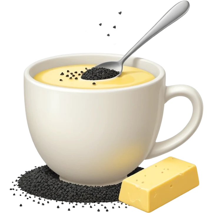 white cup of sugar and black sesame seeds and bar of butter without a face emoji