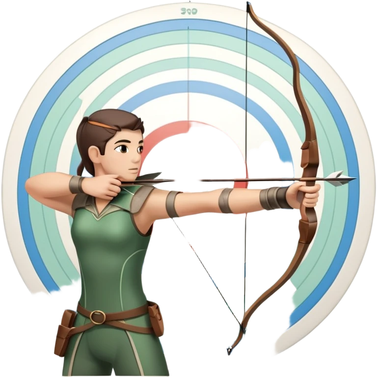 An archer drawing a bow and aiming an arrow at a target, with perfect focus and precision. The target is visible in the background, featuring concentric rings. The scene captures the concentration and skill involved in archery, emphasizing the elegance and accuracy of the sport. emoji