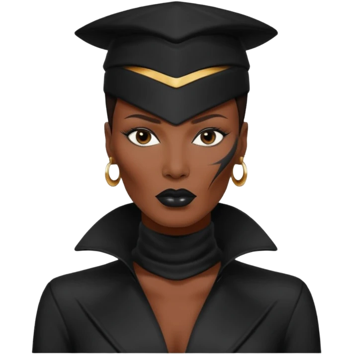 Grace Jones with dark brown hair, black outfit emoji