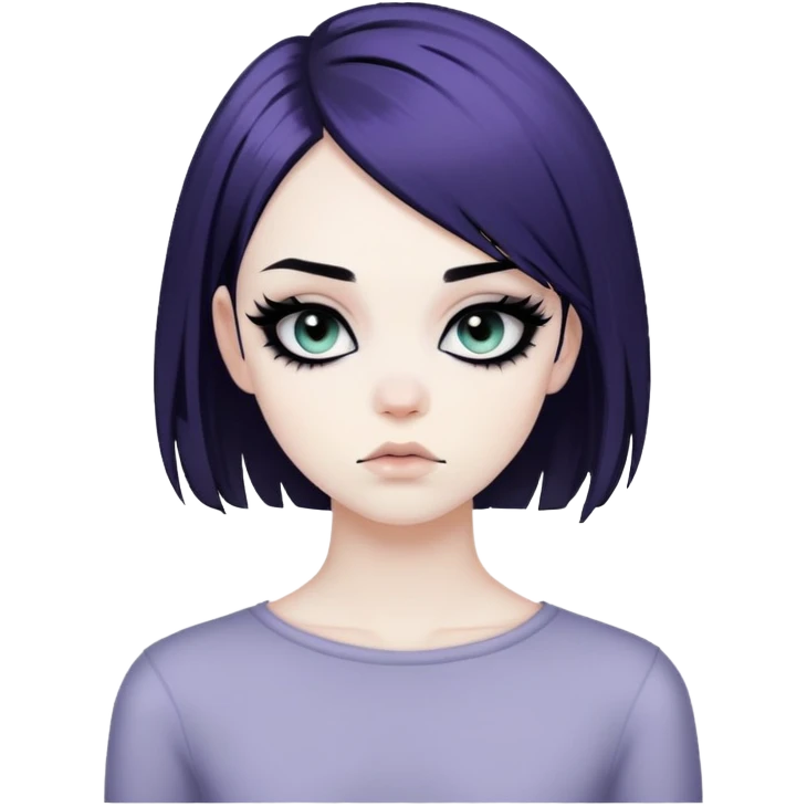emo alternativ hair, pale skin,  dark iris, pretty bratz baddie, strong black eyeliner emoji