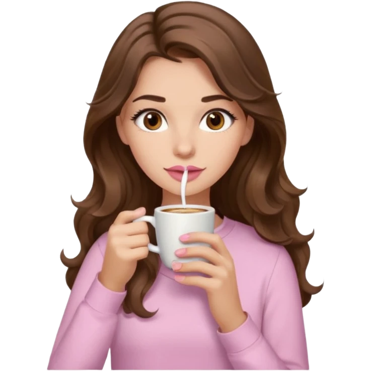 girl with wavy long brown hair, brown eyes, light to medium complexion, long lashes, light pink lipstick, wearing light pink shirt, sipping coffee emoji